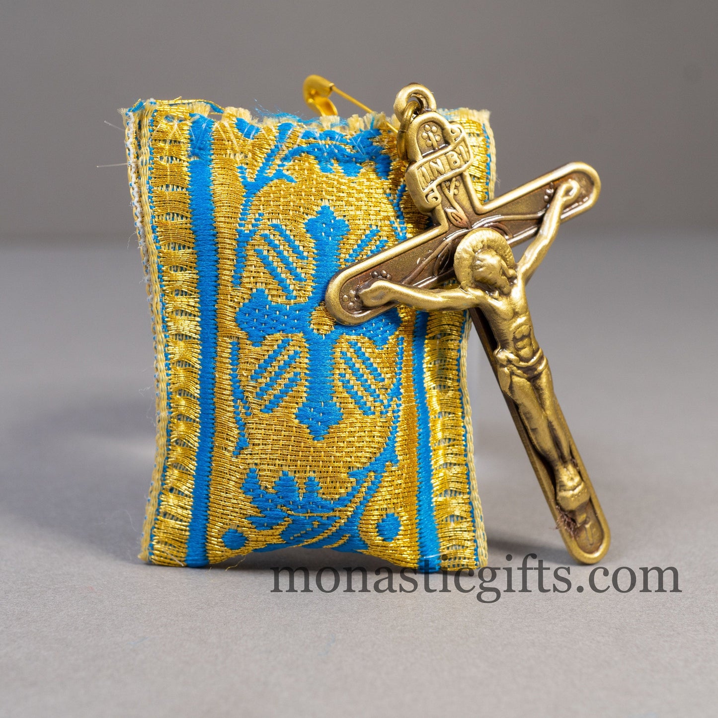 Amulet (Large) Rectangular pendant with crucifixion and Light Blue cross embroidery and gold thread - Filakto, Filaxto Orthodox lucky charm