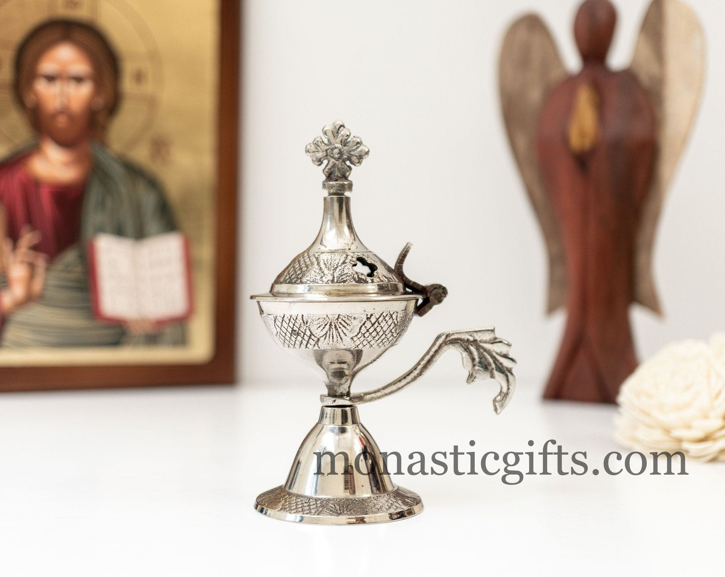 Small Brass (Nickel plated) Incense Burner ,Handmade Burner with handle Christian Artefact With free Gifts