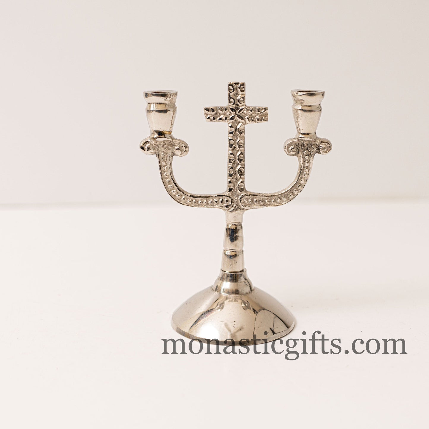 Brass Nickel Carved Double Candlestick Candles Holder with cross Handmade 100% Authentic