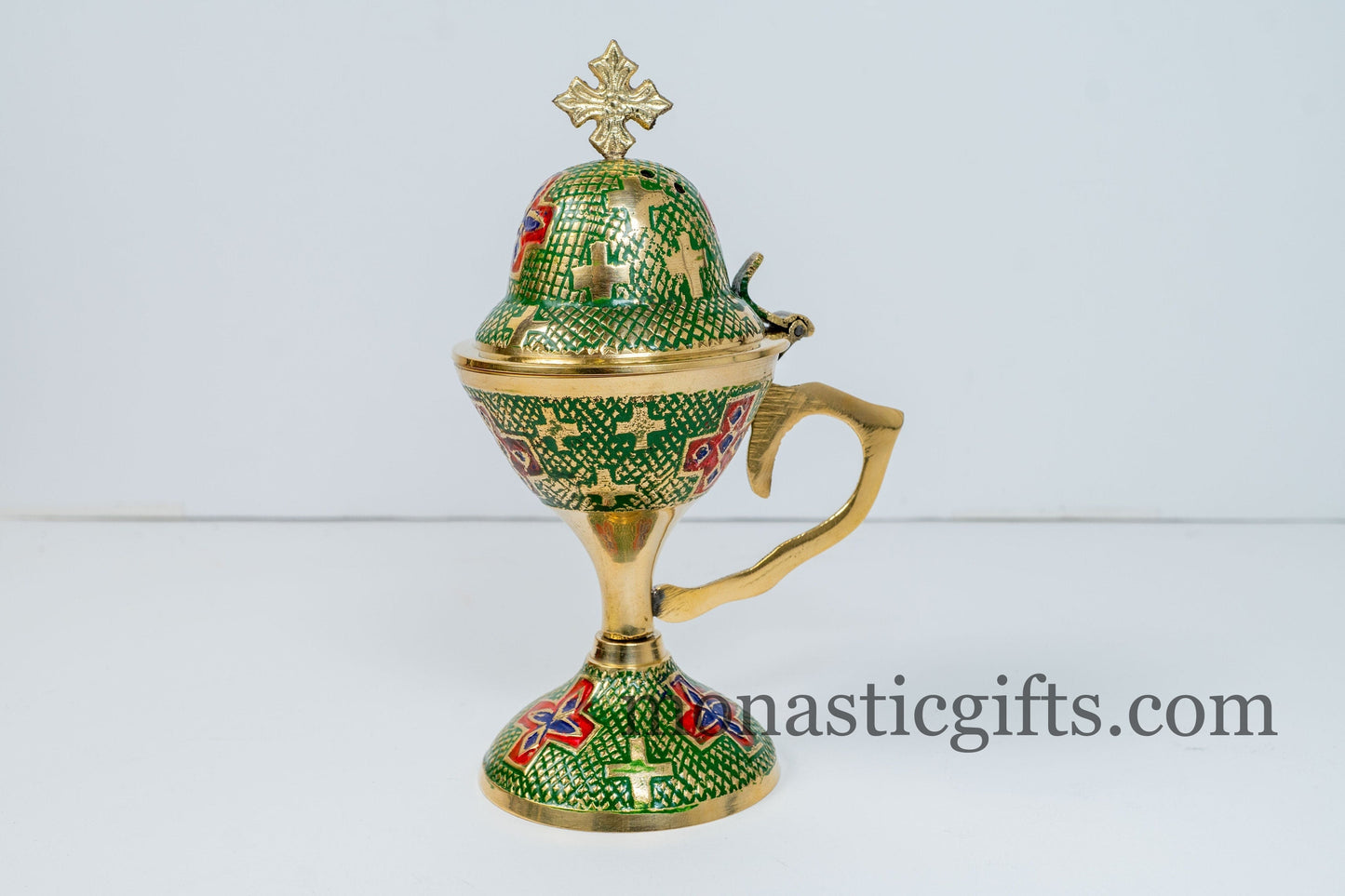 Incense Burner made from Brass with Green and Red enamel coating, Original Big and Heavy (250gr) Handmade - With free Gifts