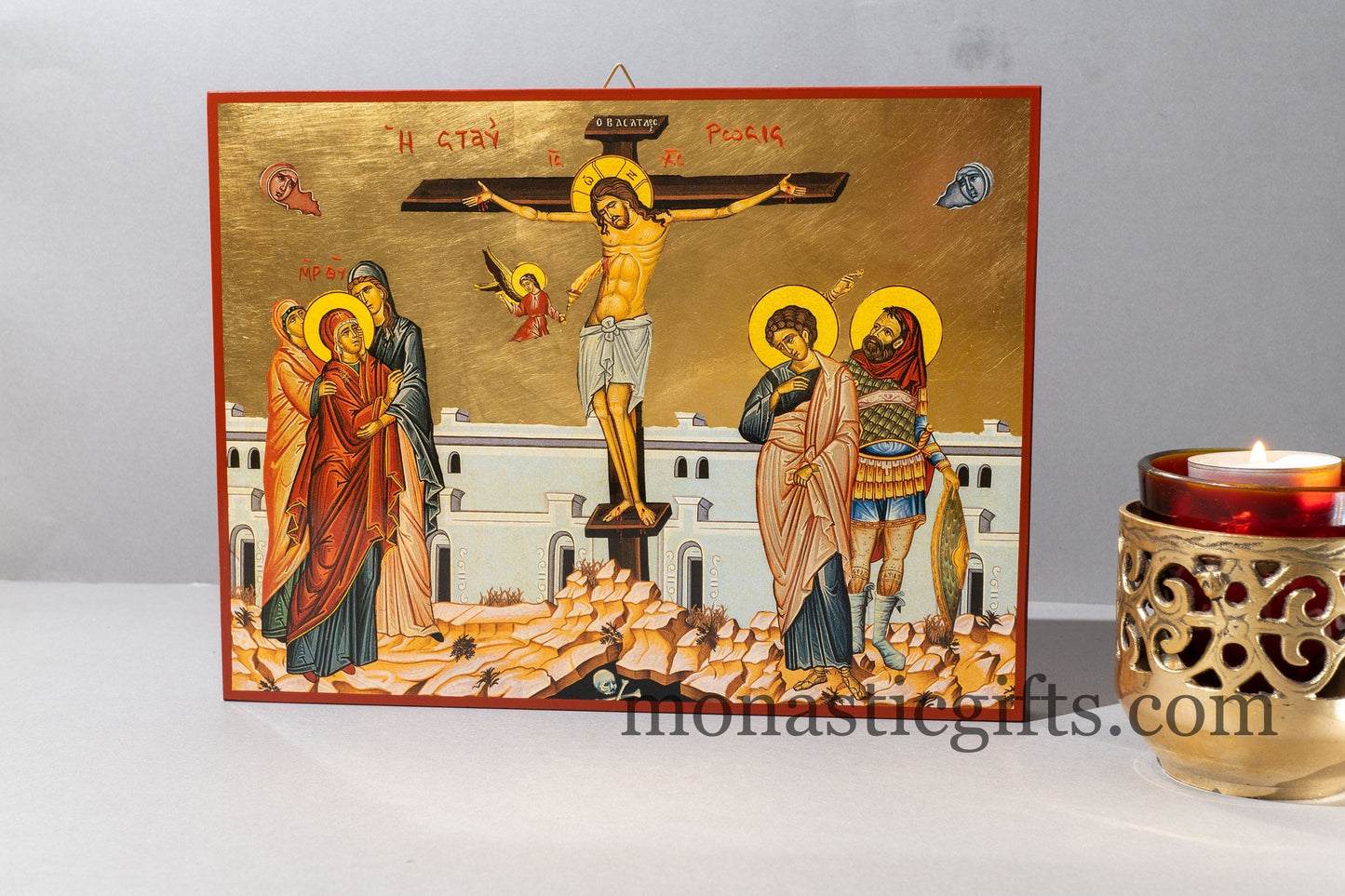 Byzantine wooden Icon in Golden leaf, the crucifixion of Jesus Christ ,home gift