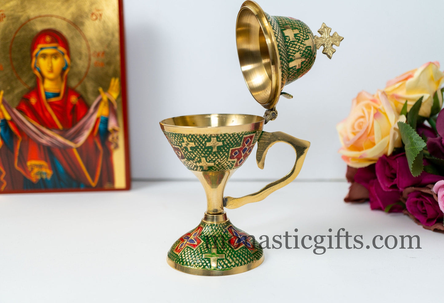Incense Burner made from Brass with Green and Red enamel coating, Original Big and Heavy (250gr) Handmade - With free Gifts