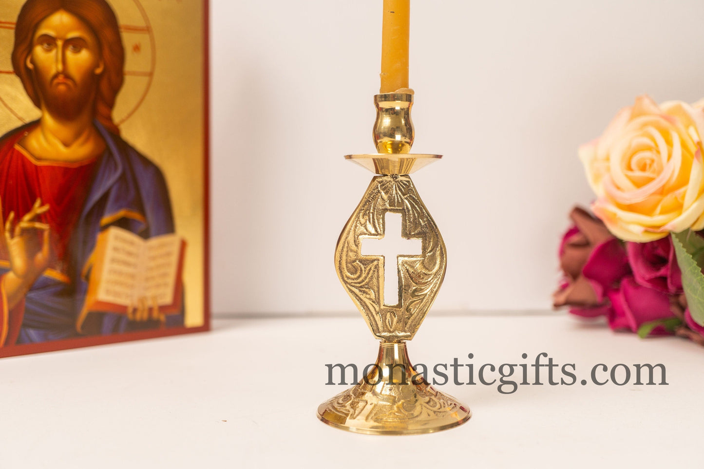 Brass Carved Candlestick Candle Holder with cross Handmade 100% Authentic.