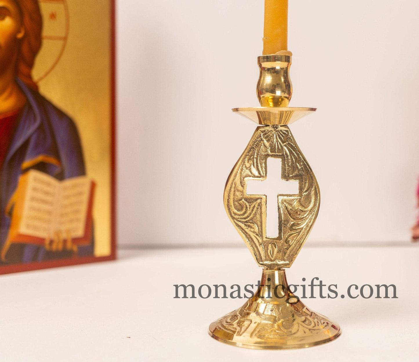 Brass Carved Candlestick Candle Holder with cross Handmade 100% Authentic.