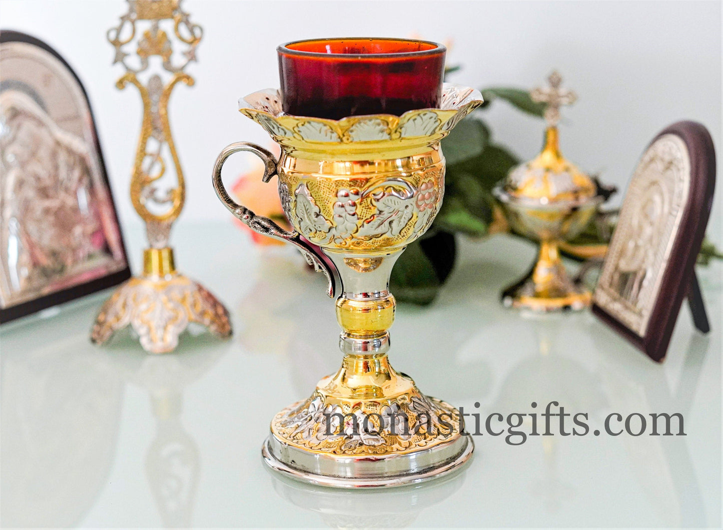 Handmade Brass nickel Standing Oil Lamps with handle.Oil Vigil Lamp Brass,Oil Candle with Glass Cup Home Decor Wall a perfect Christian Gift