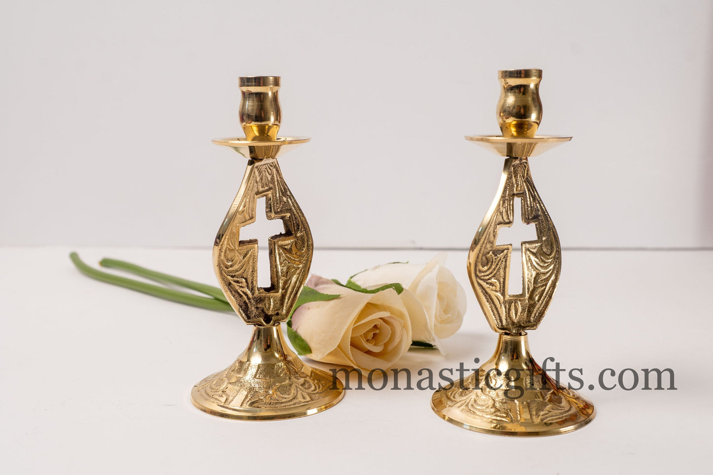 Brass Carved Candlestick Candle Holder with cross Handmade 100% Authentic.