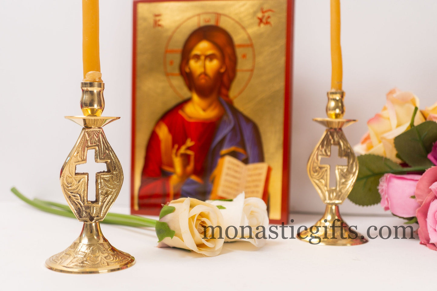 Brass Carved Candlestick Candle Holder with cross Handmade 100% Authentic.