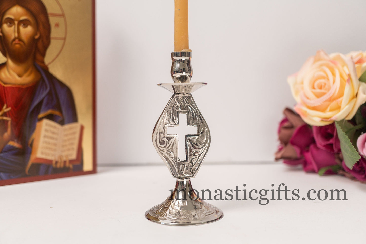 Brass (Nickel Plated) Carved Candlestick Candle Holder with cross Hand made brass candle holder 100%Authentic.