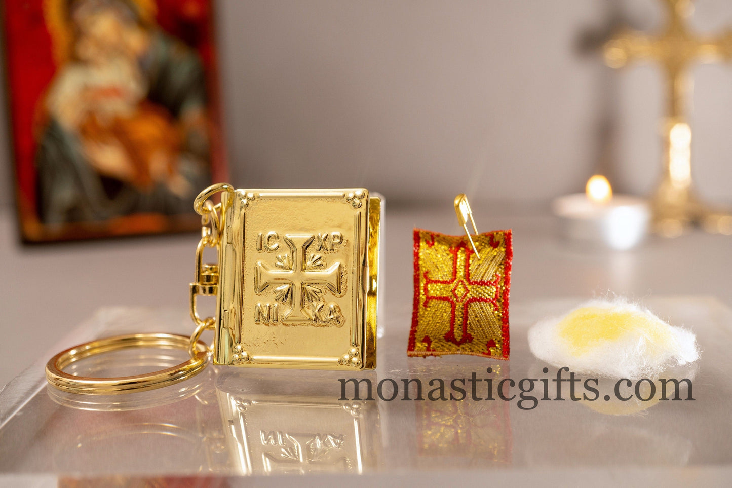 Christian Key Ring Small Gospel Pendant Design Cross ICXC Embossed Gold Plated,a perfect Religious Gift