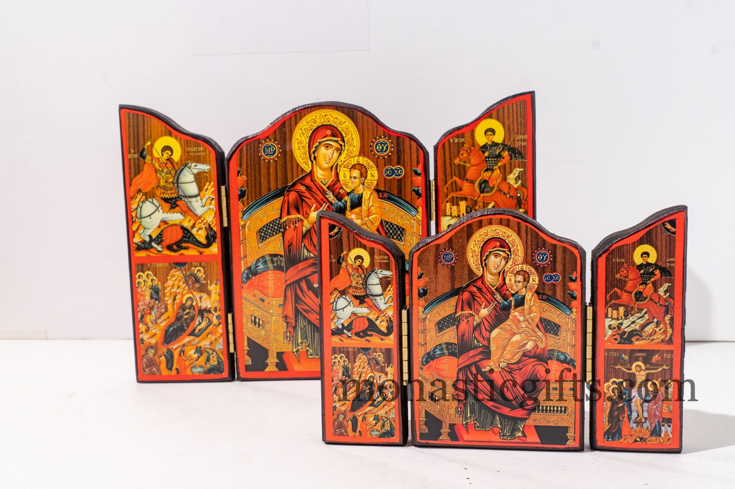 Triptych wooden Icon of Holy Theotokos on a throne and narrative of the Virgin Mary's Annunciation on the outside, Greek Orthodox Icon