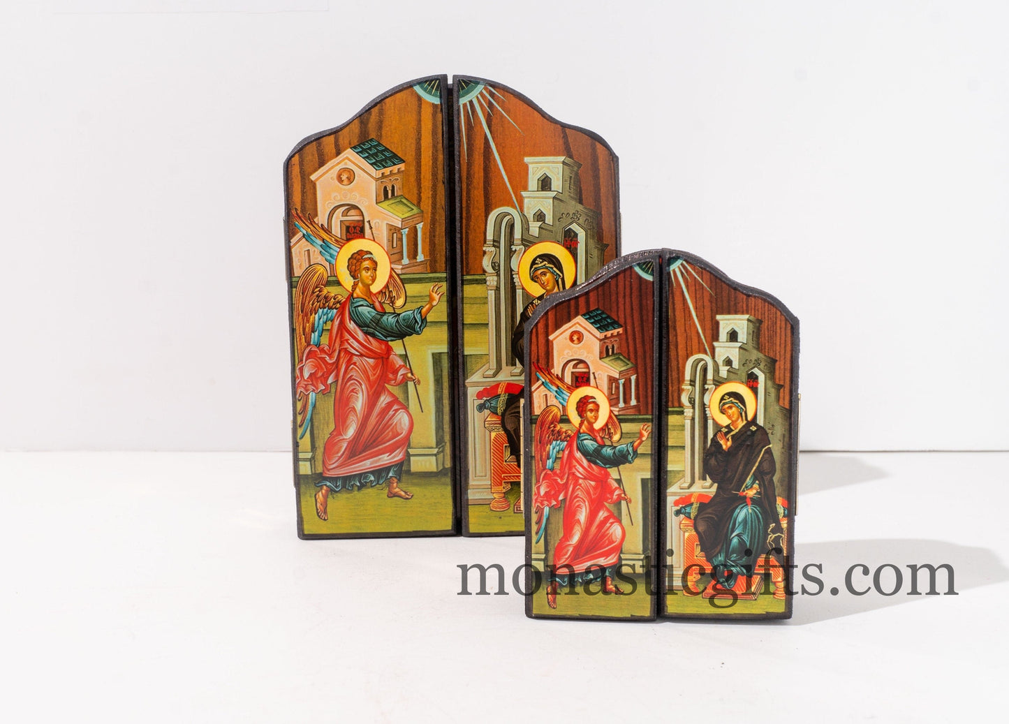 The Virgin Mary Amolyntos with Annunciation Doors and Byzantine Feast Themes Wooden Triptych Icon