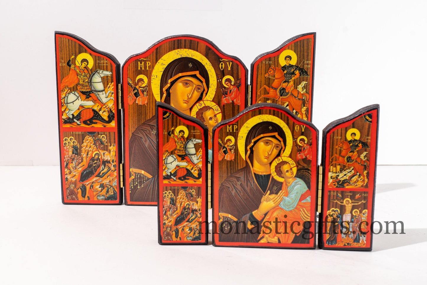 Triptych wooden Icon With Virin Mary ( Amolintos ) and narrative of the Virgin Mary's Annunciation on the outside, Greek Orthodox Icon