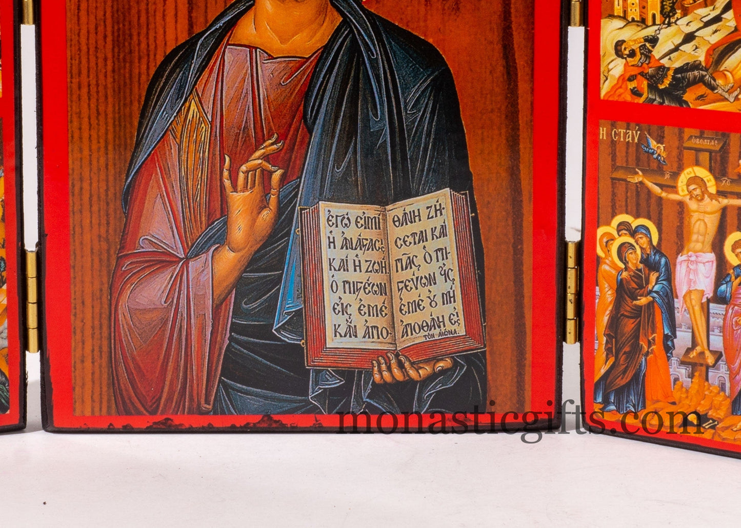 Triptych wooden Icon with Jesus Christ Blessing and narrative of the Virgin Mary's Annunciation on the outside , Greek Orthodox Icon