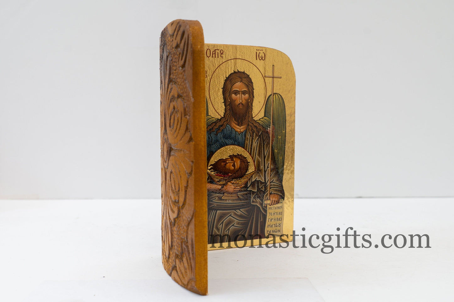 Small Diptych carved wooden Icon with Virgin Mary Megalohari and Saint John , Greek Orthodox Icon , Home Decor,Orthodox Gift