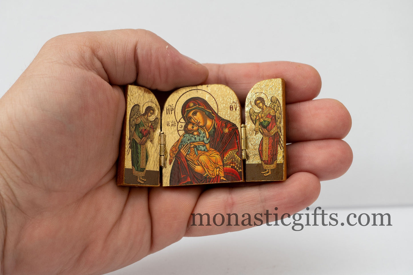 Triptych small wooden Icon with the Holy Theotokos and Archangels, Greek Orthodox Icon , Home Decor,Orthodox Gift