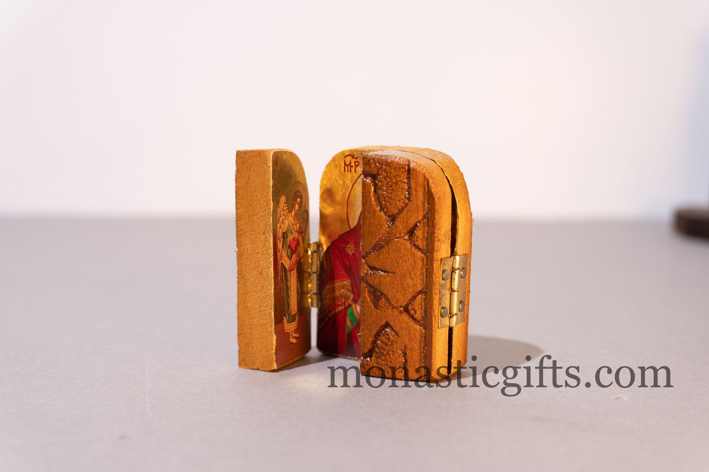 Triptych small wooden Icon with the Holy Theotokos and Archangels, Greek Orthodox Icon , Home Decor,Orthodox Gift