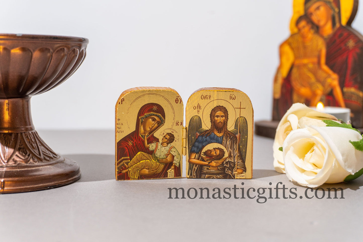 Small Diptych carved wooden Icon with Virgin Mary Megalohari and Saint John , Greek Orthodox Icon , Home Decor,Orthodox Gift