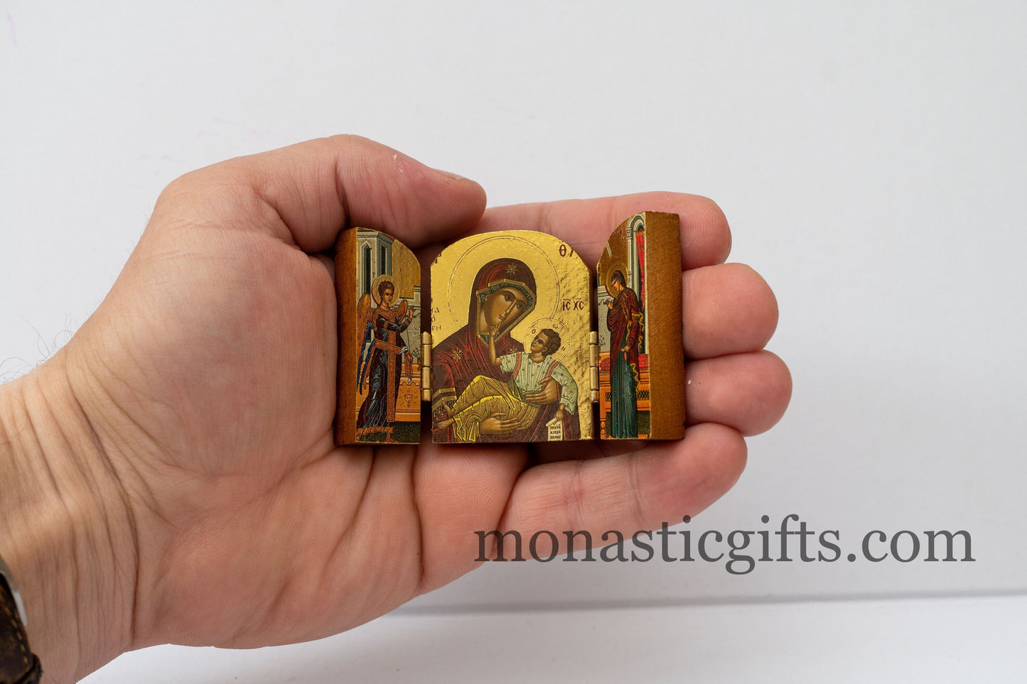 Triptych small wooden Icon withTheotokos and the Virgin Mary's Annunciation on the sides , Home Decor,Orthodox Gift