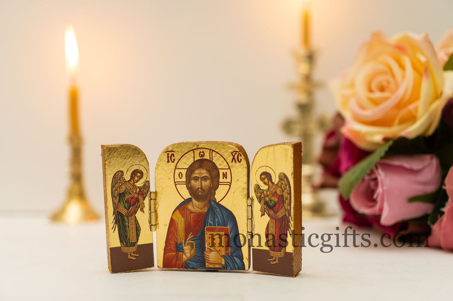 Triptych small wooden Icon with the Jesus Christ (Pantocrator) and Archangels, Greek Orthodox Icon , Home Decor,Orthodox Gift