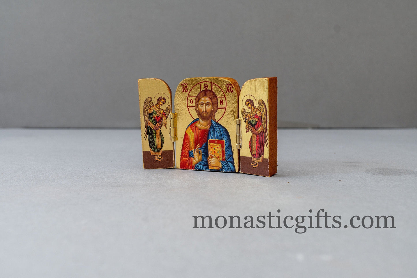 Triptych small wooden Icon with the Jesus Christ (Pantocrator) and Archangels, Greek Orthodox Icon , Home Decor,Orthodox Gift