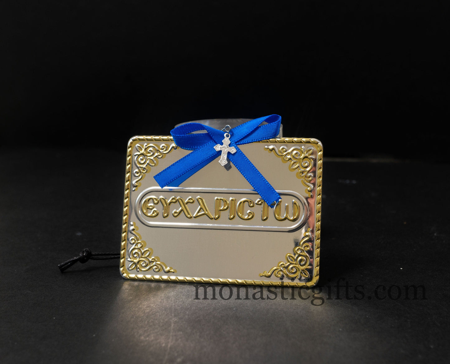 tama votive offering "Ευχαριστω" votive with painted Golden corners Ribbon and Cross, Byzantine Greek Orthodox Promise Icon, Ex Voto
