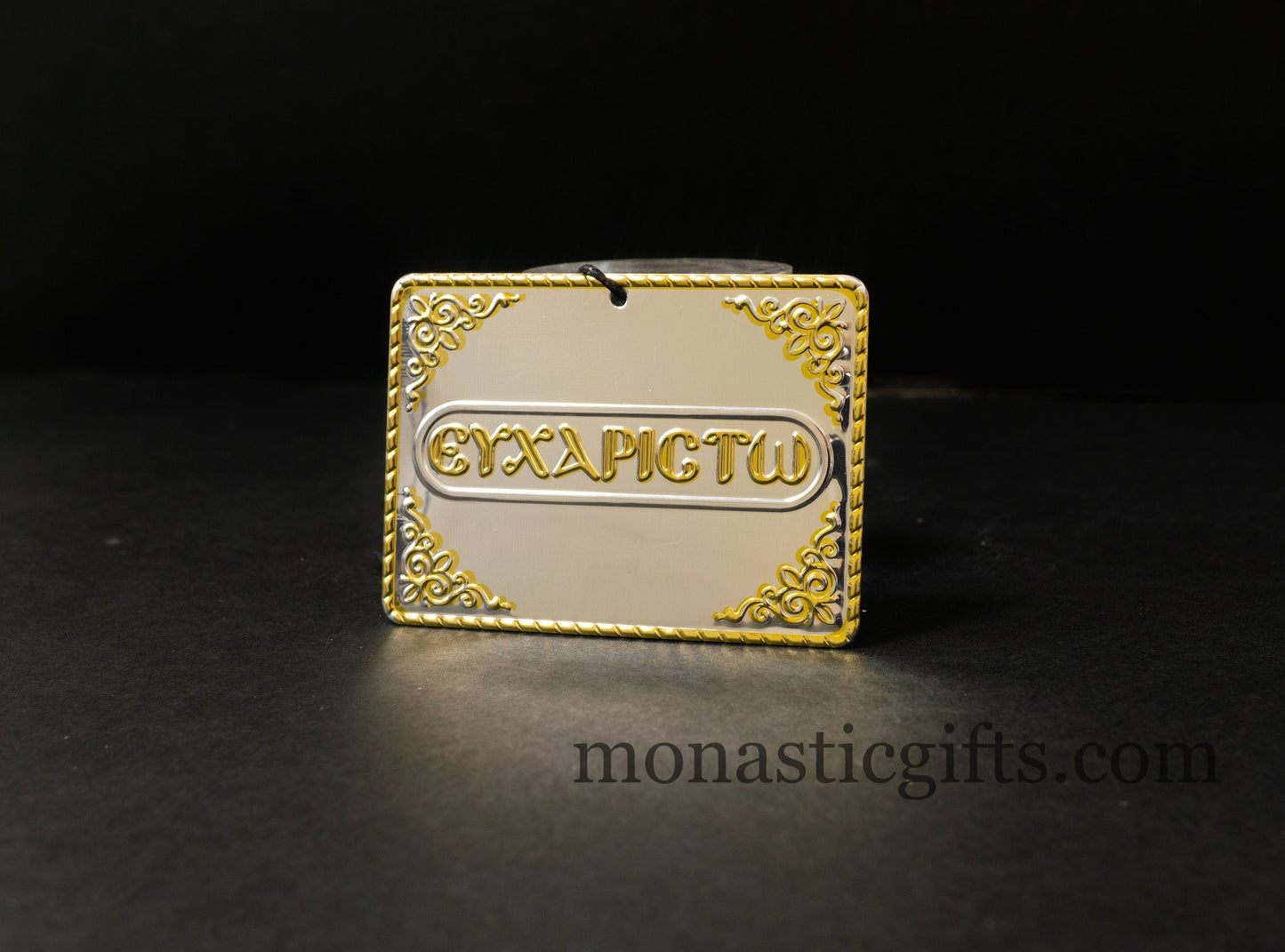 tama votive offering "Ευχαριστω" votive with painted Golden corners Ribbon and Cross, Byzantine Greek Orthodox Promise Icon, Ex Voto