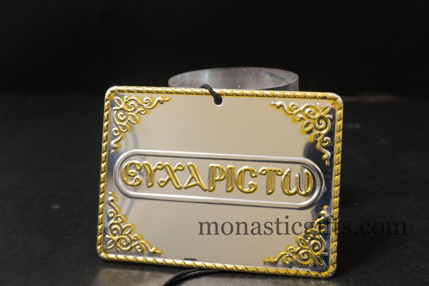 tama votive offering "Ευχαριστω" votive with painted Golden corners Ribbon and Cross, Byzantine Greek Orthodox Promise Icon, Ex Voto