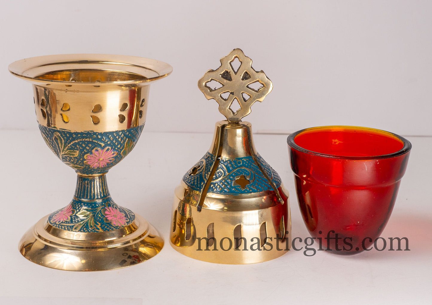 Standing Oil Lamps in Brass with Blue and Purple Enamel Coating -Handmade Oil Vigil Lamp Brass ,Oil Lamp Holders,Oil Candle with Glass Cup .