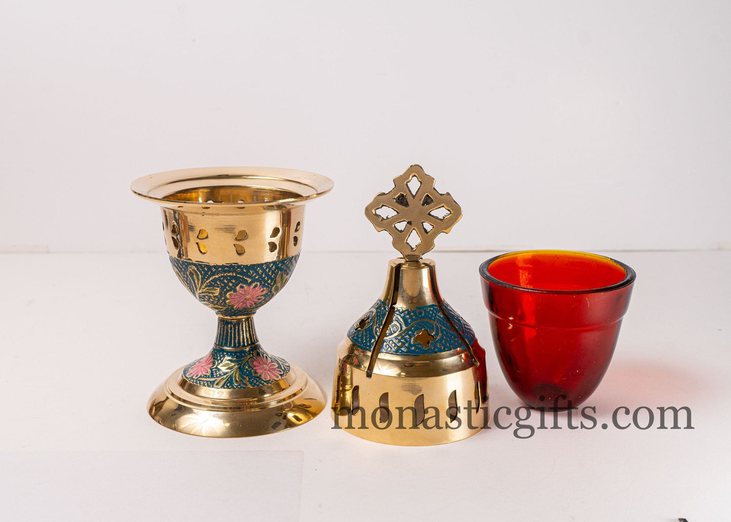 Standing Oil Lamps in Brass with Blue and Purple Enamel Coating -Handmade Oil Vigil Lamp Brass ,Oil Lamp Holders,Oil Candle with Glass Cup .