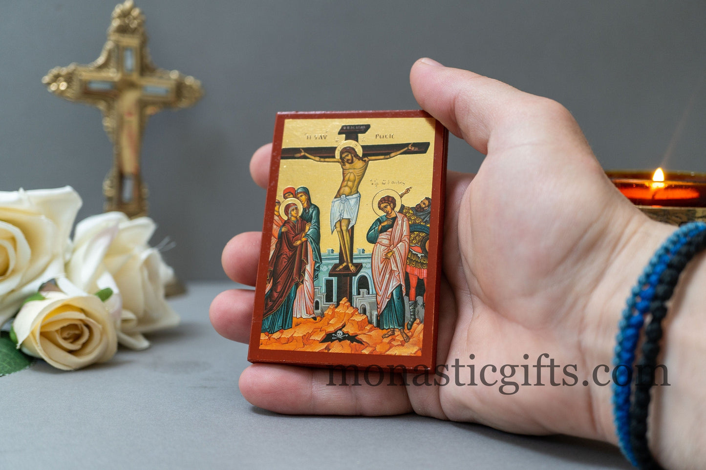 Wooden Small icons with Crusifixion and The Resurrection of Jesus Christ ,Byzantine icon , art wall hanging .