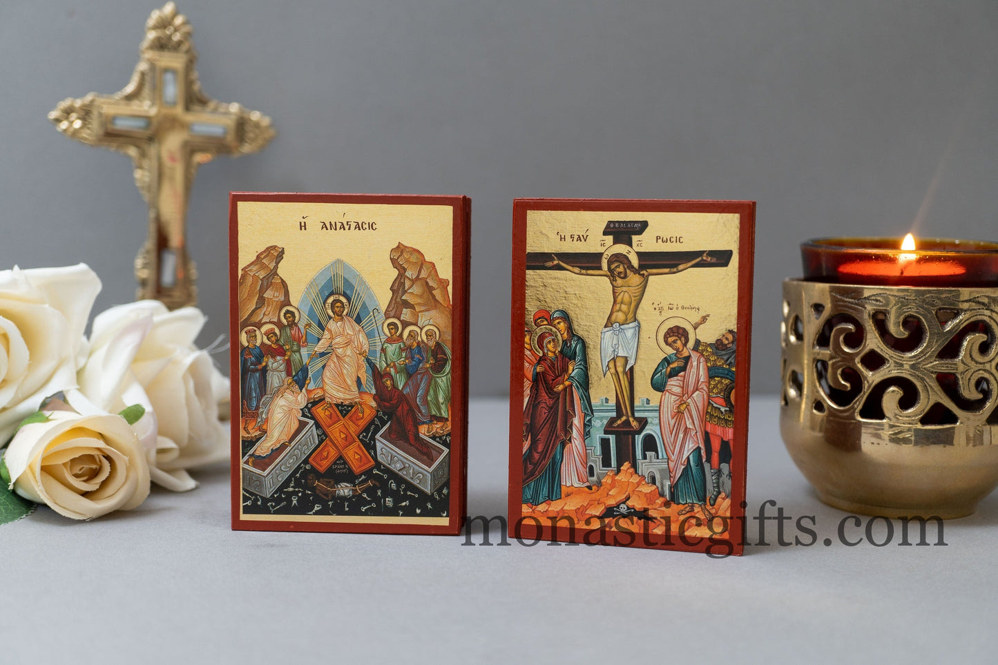 Wooden Small icons with Crusifixion and The Resurrection of Jesus Christ ,Byzantine icon , art wall hanging .