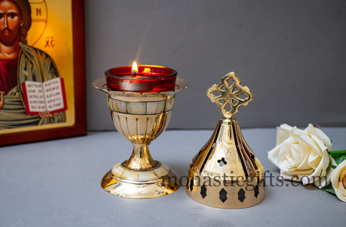 Handmade Brass Standing Oil Lamps (big 21cm- 550gr weight)with seashell .Oil Candle with Glass Cup Home Decor Wall a perfect Christian Gift