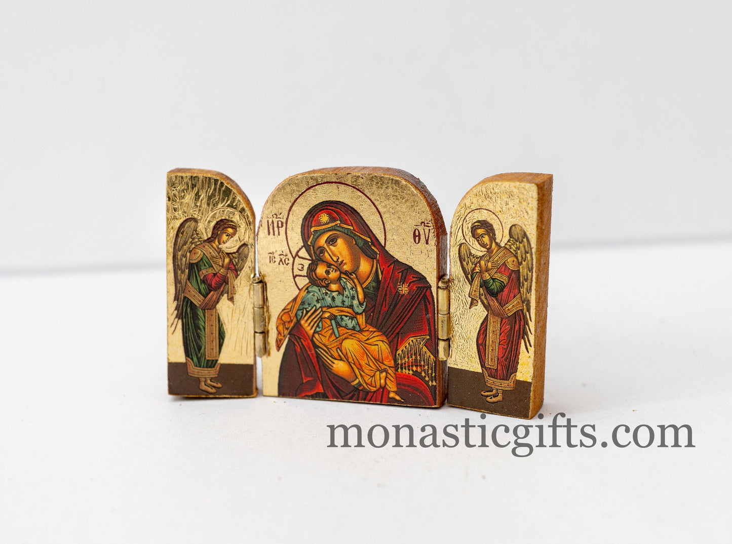 Triptych small wooden Icon with the Holy Theotokos and Archangels, Greek Orthodox Icon , Home Decor,Orthodox Gift