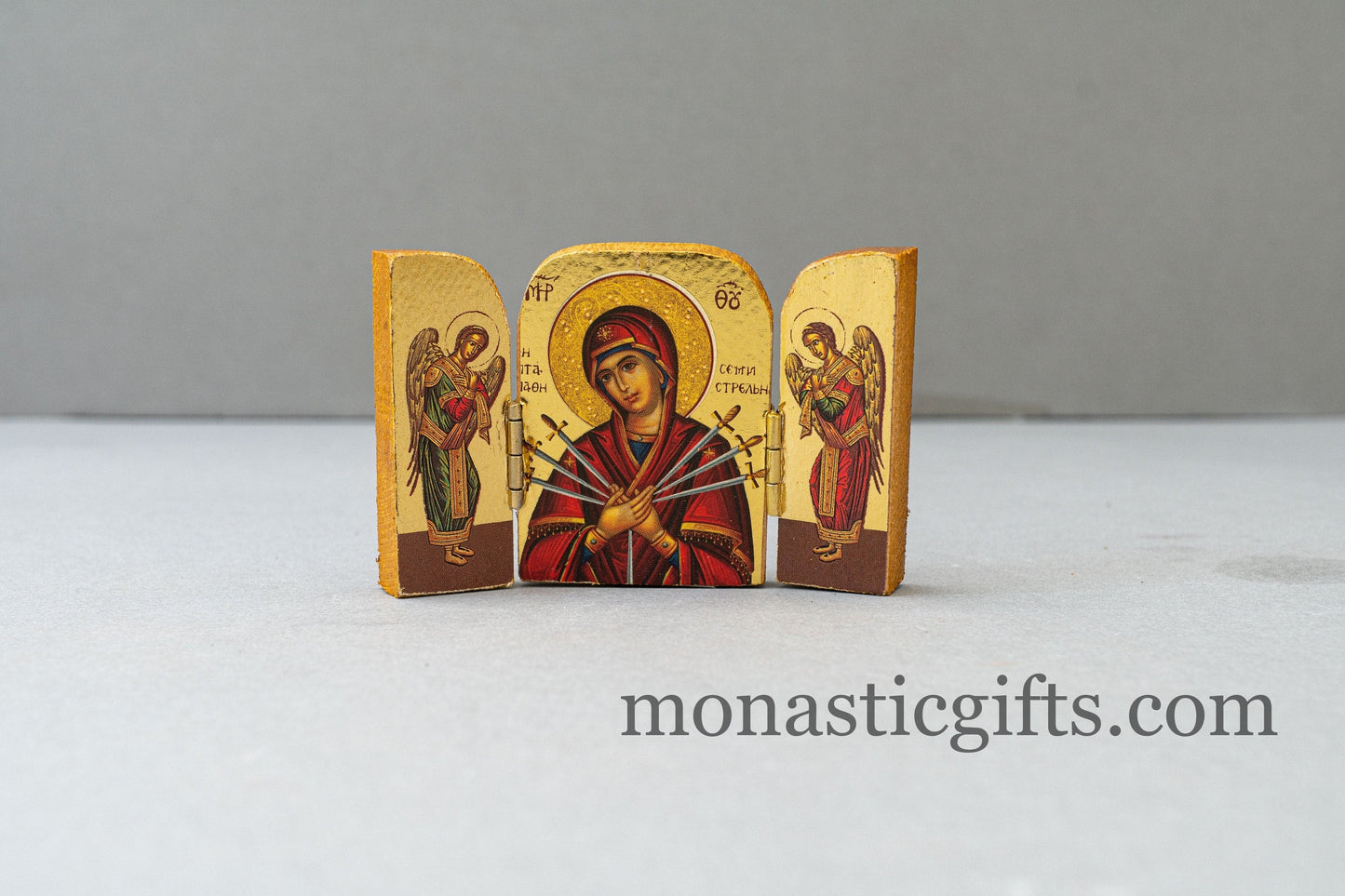 Triptych small wooden Icon with Our Lady of the Seven Swords and Archangels, Greek Orthodox Icon , Home Decor,Orthodox Gift