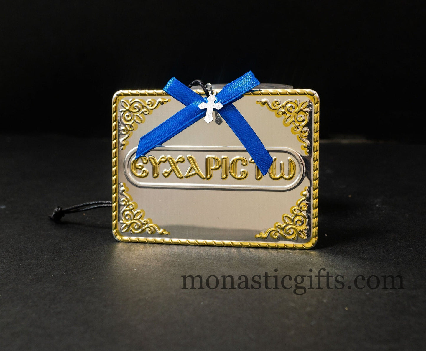 tama votive offering "Ευχαριστω" votive with painted Golden corners Ribbon and Cross, Byzantine Greek Orthodox Promise Icon, Ex Voto