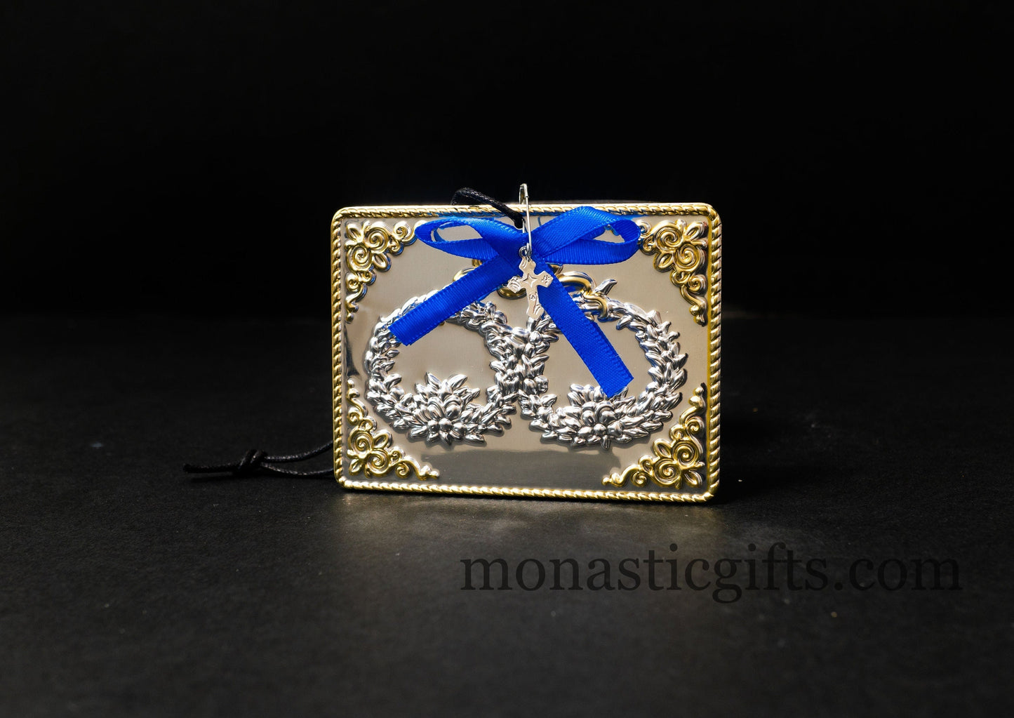 tama votive offering "wedding wreath" votive with painted Golden corners Ribbon and Cross, Byzantine Greek Orthodox Promise Icon, Ex Voto