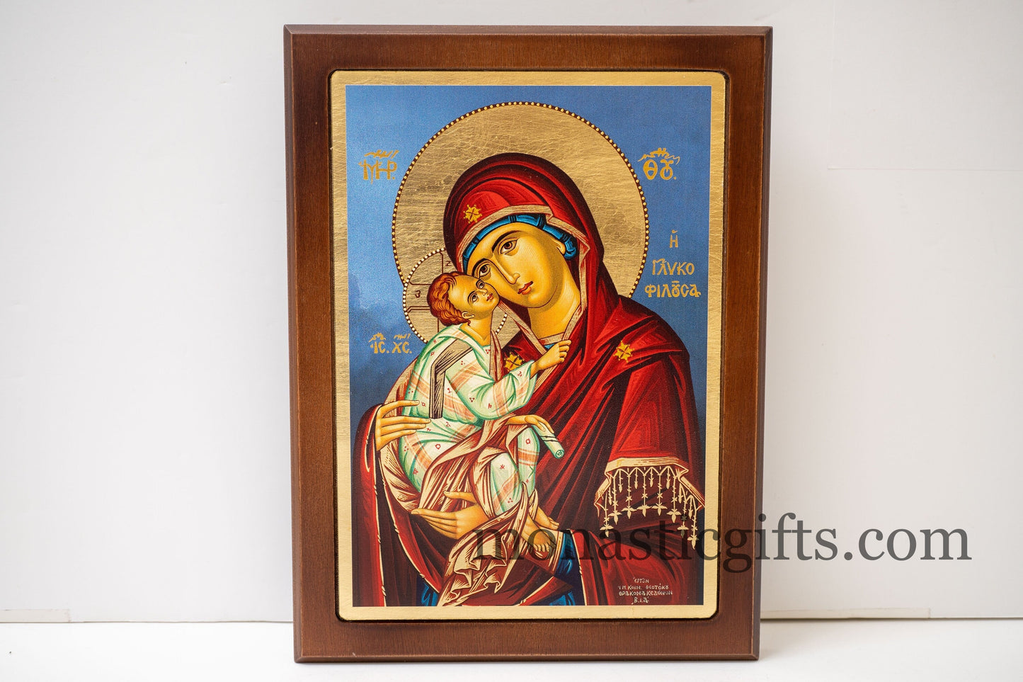 Christian Icon with Virgin Mary Sweet Kiss in wooden frame Silk-screen printed Serigraph Icon Based on Byzantine Art wall hanging icon.
