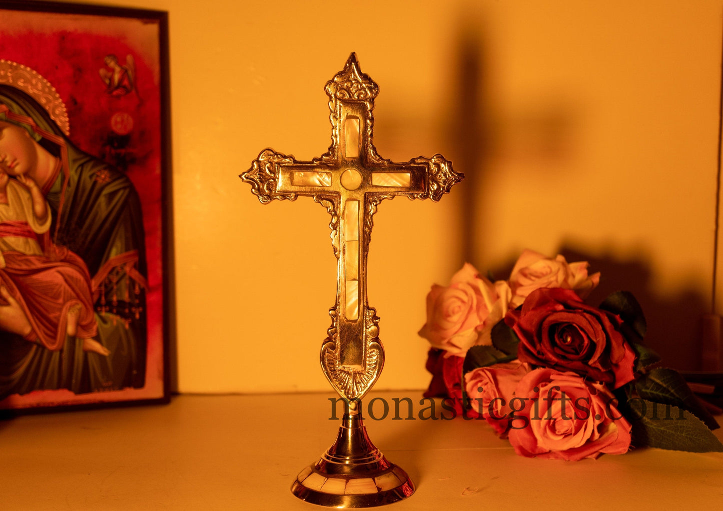 Standing Brass Altar Cross radiates a brilliant shine Adorned with mother-of-pearl - Altar Table - Home Decor a perfect Christian Gift