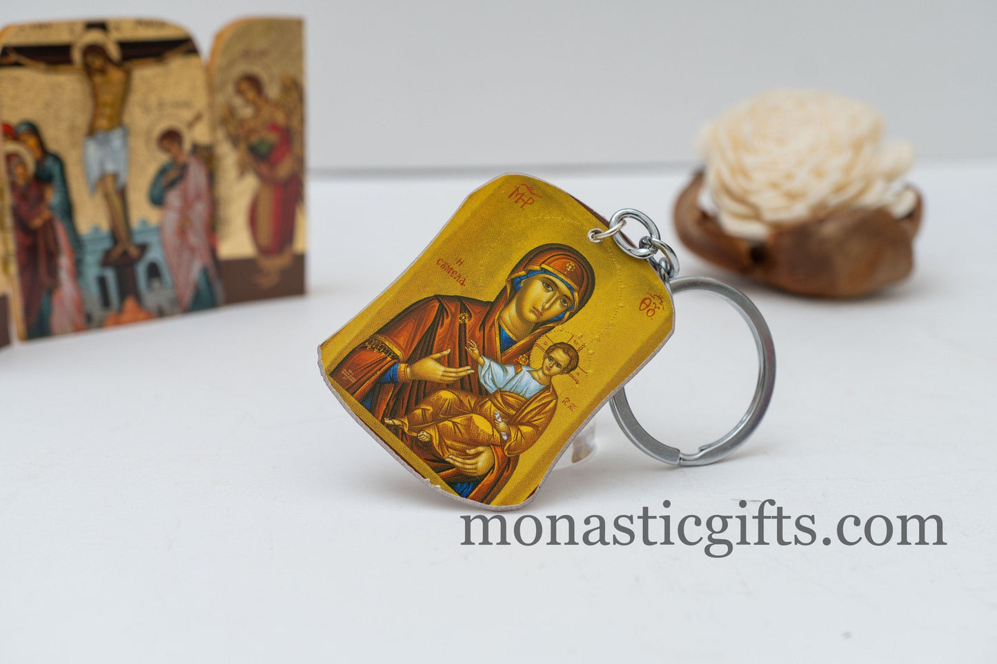 Christian Orthodox Keychain with Mother of God (Virgin Mary Soumela) made of resin and metal ,a perfect gift 10cm - 3.93 in