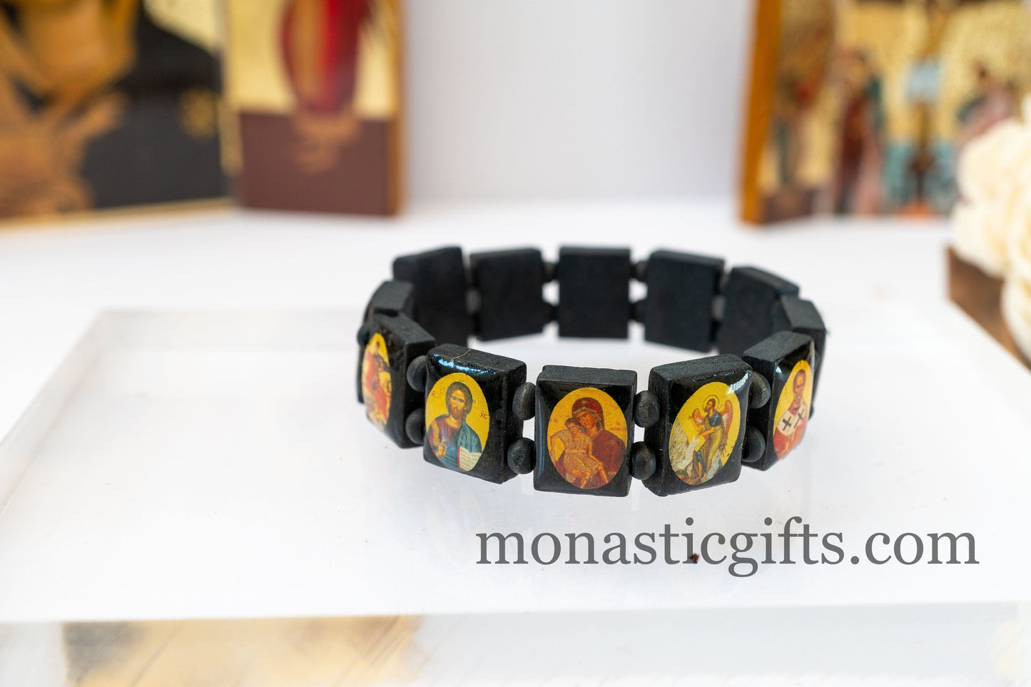 Wooden Holy Bracelet - Bracelet with Holy Icons in black beads , Gift of faith, hope, love and healing to someone you care about