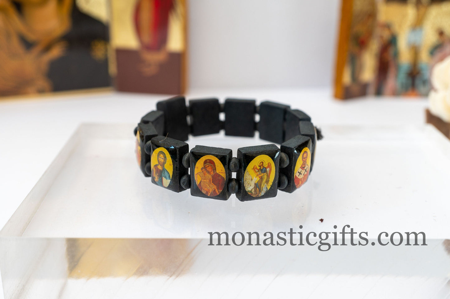 Wooden Holy Bracelet - Bracelet with Holy Icons in black beads , Gift of faith, hope, love and healing to someone you care about