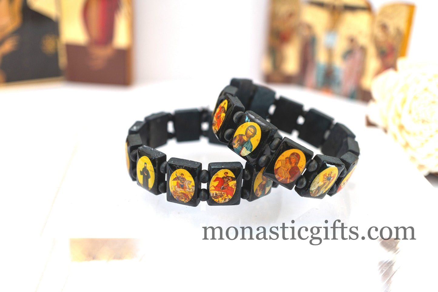 Wooden Holy Bracelet - Bracelet with Holy Icons in black beads , Gift of faith, hope, love and healing to someone you care about