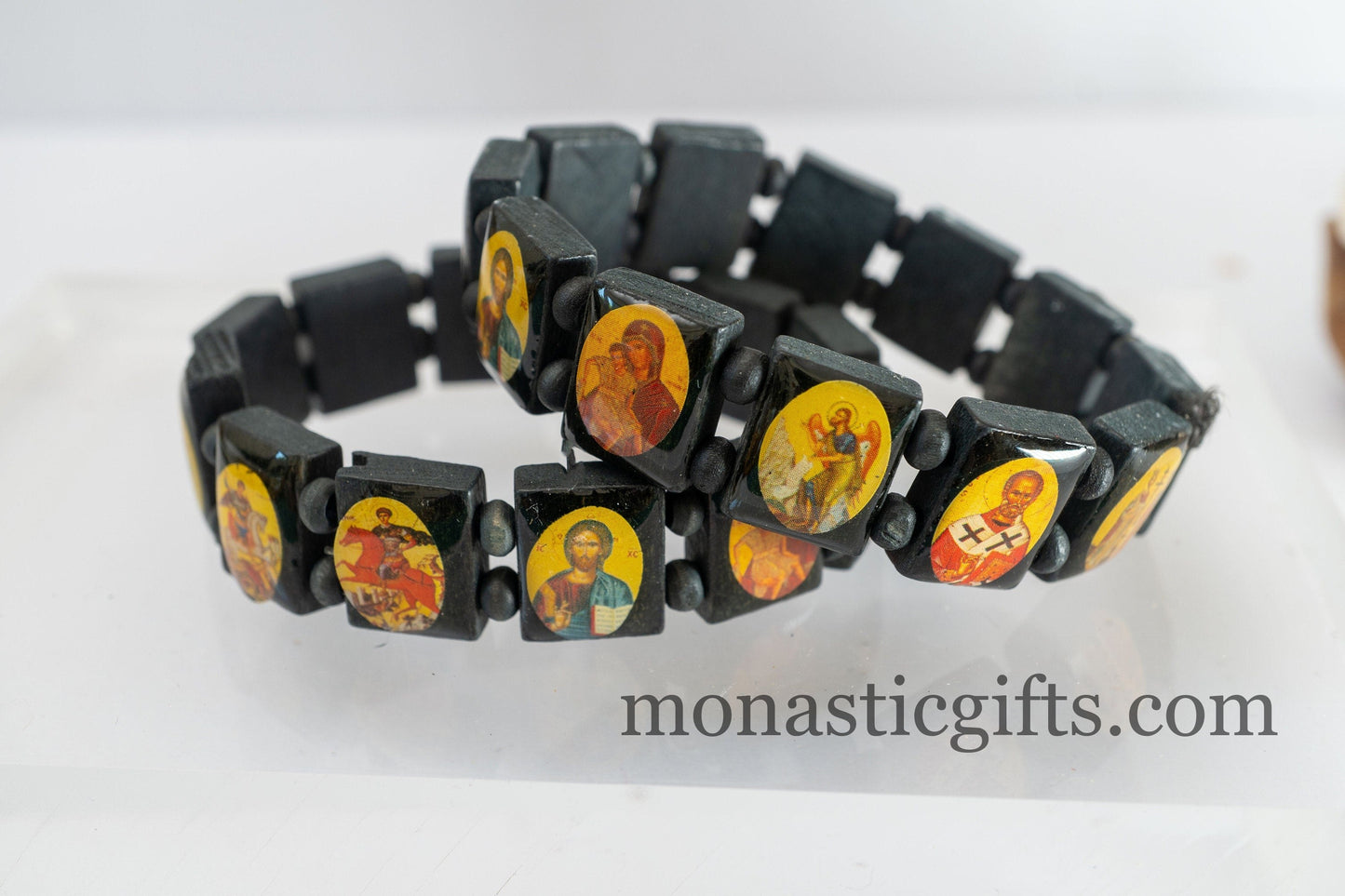 Wooden Holy Bracelet - Bracelet with Holy Icons in black beads , Gift of faith, hope, love and healing to someone you care about