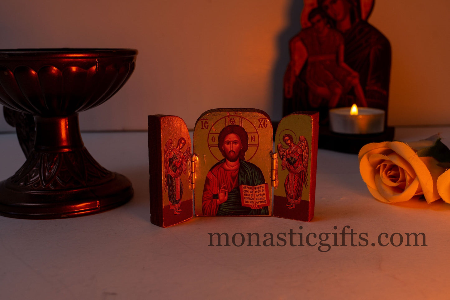 Triptych small wooden Icon with rhe Jesus Christ the Blessing and Archangels, Greek Orthodox Icon , Home Decor,Orthodox Gift