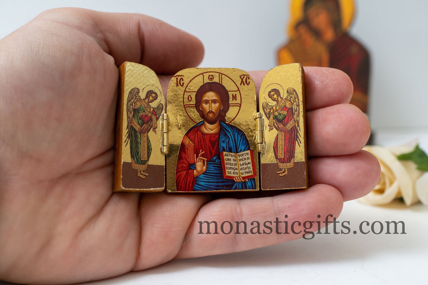 Triptych small wooden Icon with rhe Jesus Christ the Blessing and Archangels, Greek Orthodox Icon , Home Decor,Orthodox Gift