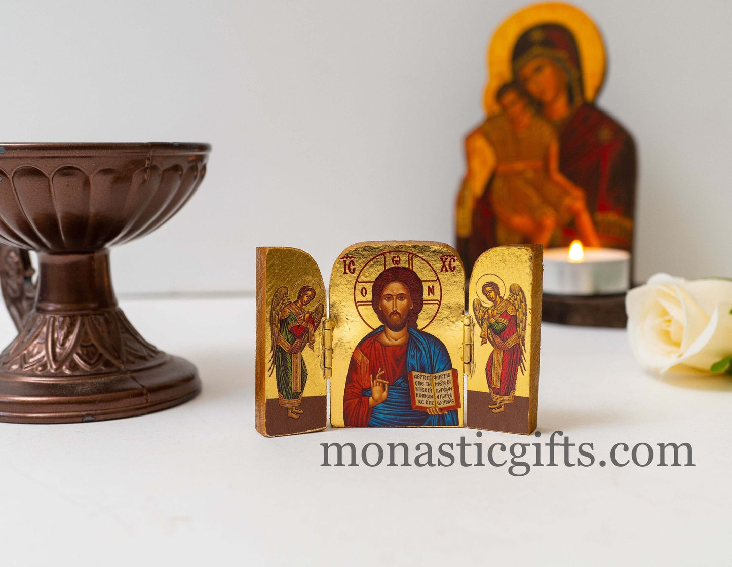 Triptych small wooden Icon with rhe Jesus Christ the Blessing and Archangels, Greek Orthodox Icon , Home Decor,Orthodox Gift