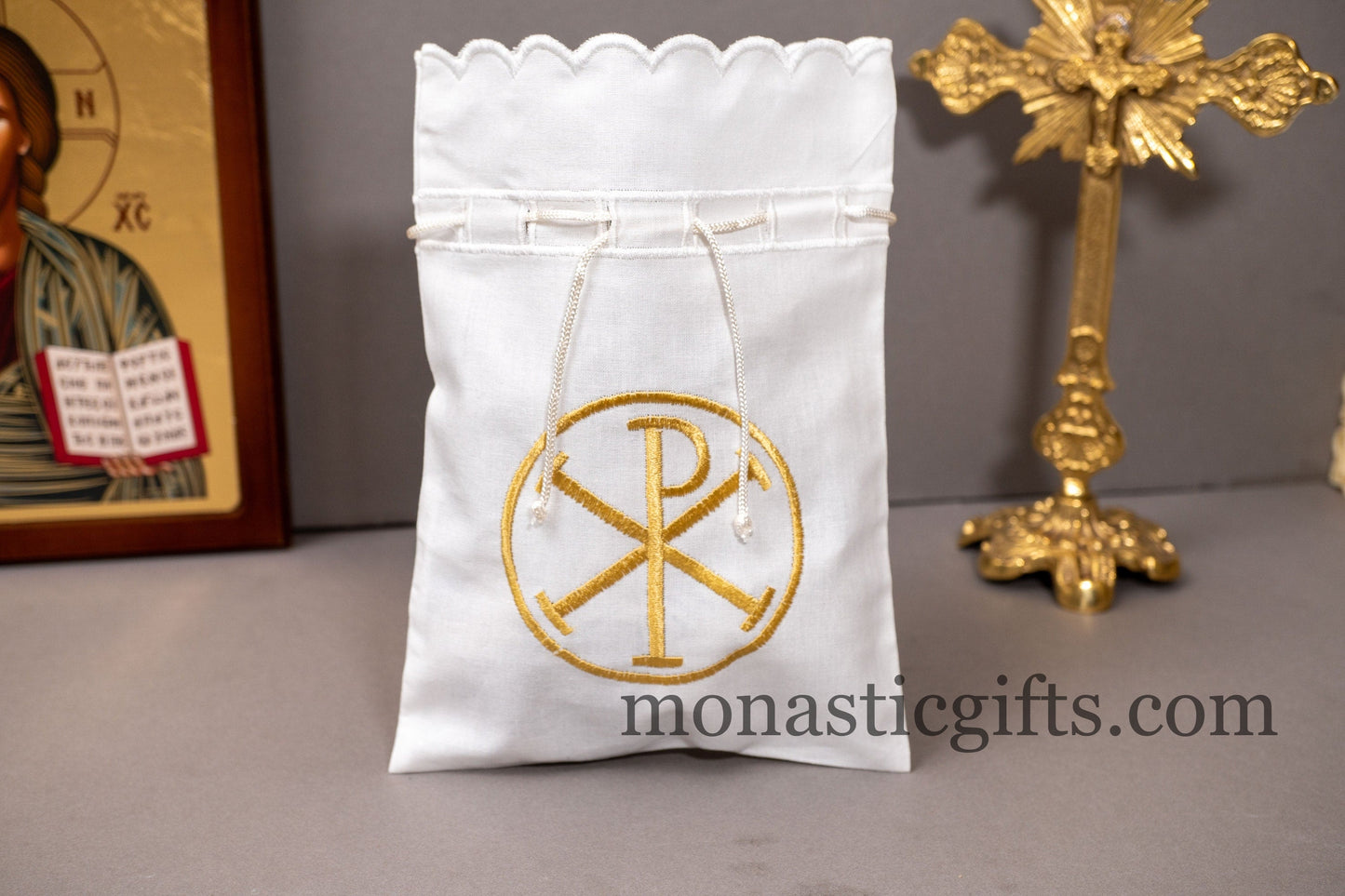 Embroidered Cotton Cloth Pouch for Prosphora bread pouch , decorated with The Chi-Rho or Christogram,Embroideries. Communion Antidoron.