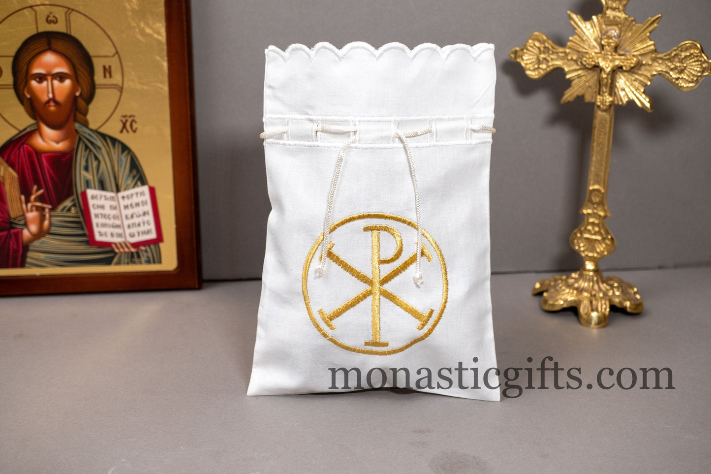 Embroidered Cotton Cloth Pouch for Prosphora bread pouch , decorated with The Chi-Rho or Christogram,Embroideries. Communion Antidoron.