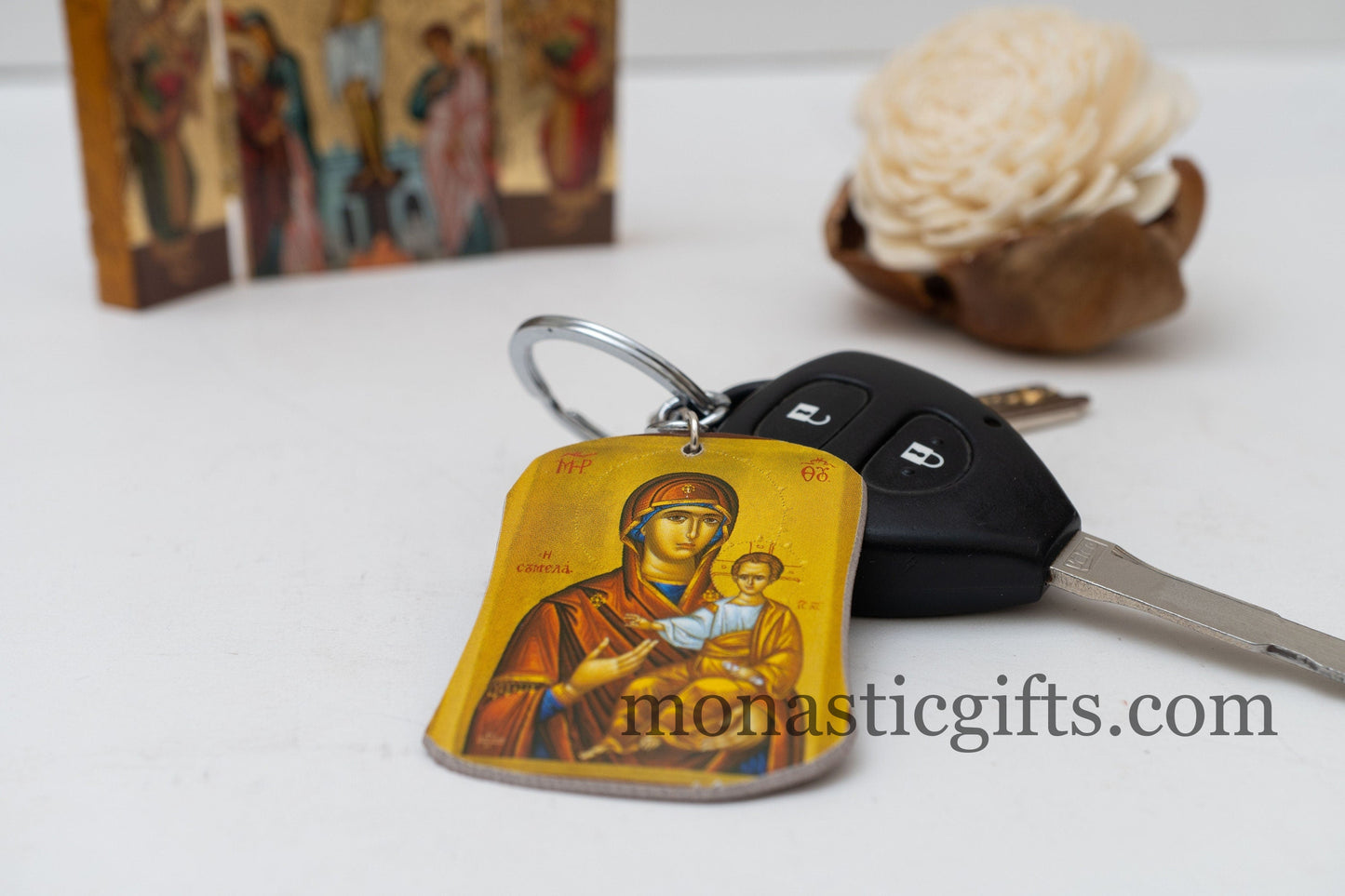 Christian Orthodox Keychain with Mother of God (Virgin Mary Soumela) made of resin and metal ,a perfect gift 10cm - 3.93 in