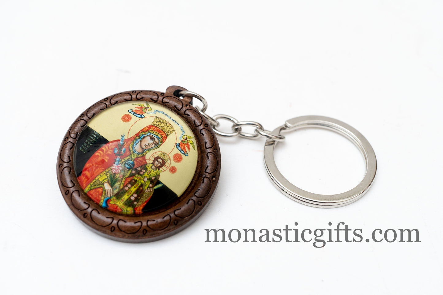 Orthodox Keychain with Mother of God (Gorgoipikoo) made of Curved wood and metal ,a perfect gift 10cm - 3.93 in Amazing Guality